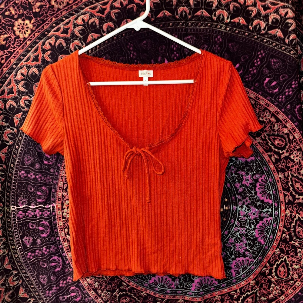 Self E Orange Ribbed V Neck Crop Top